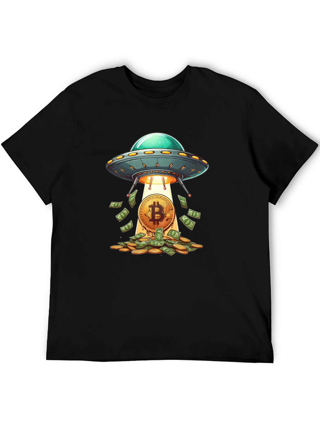 Camiseta Negra: Ovni Bitcoin y Lluvia de Dinero