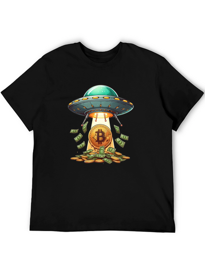 Camiseta Negra: Ovni Bitcoin y Lluvia de Dinero