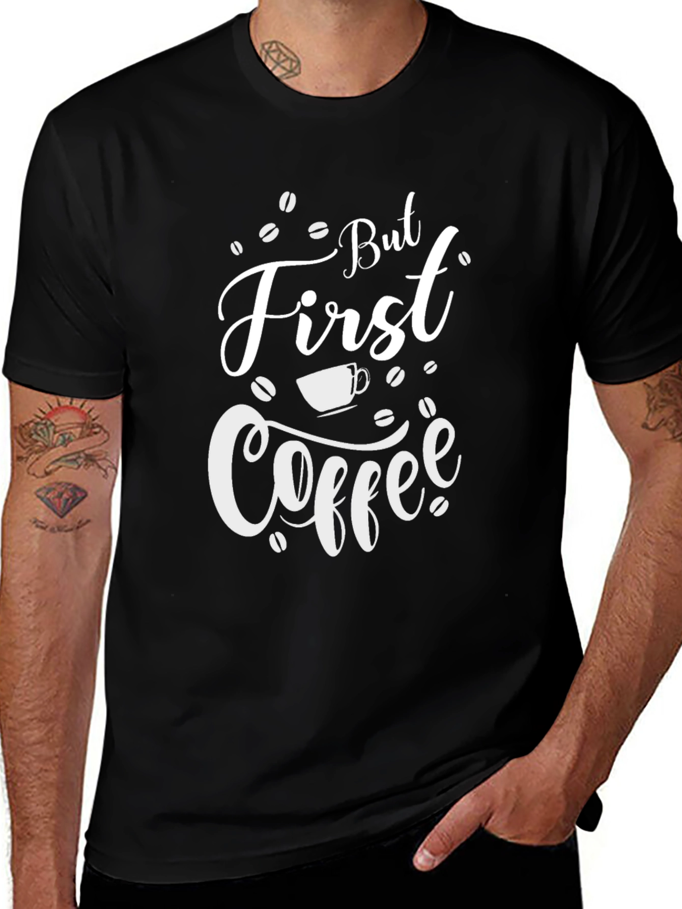 Camiseta Negra But First Coffee para Amantes del Café