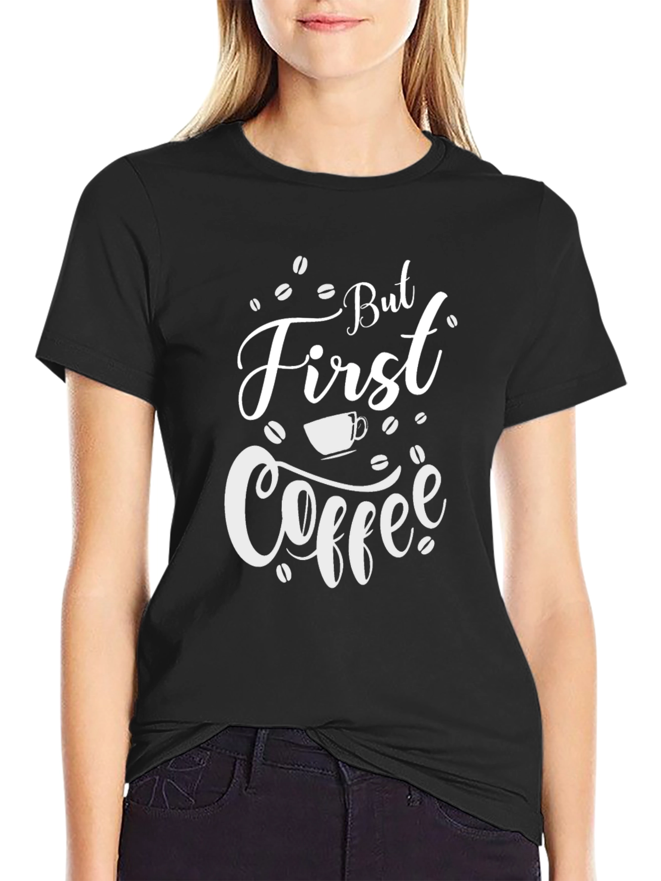Camiseta Negra But First Coffee para Amantes del Café