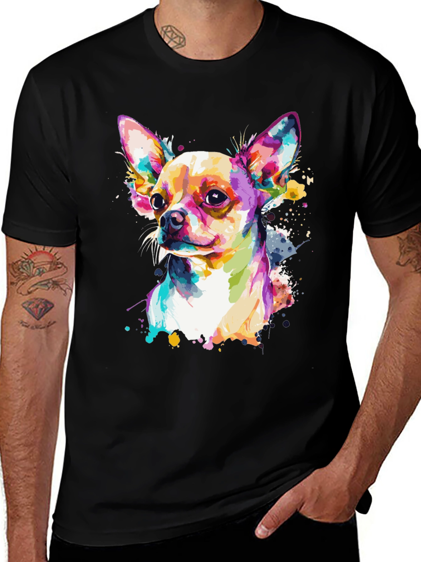 Camiseta Negra con Diseño de Chihuahua Acuarela
