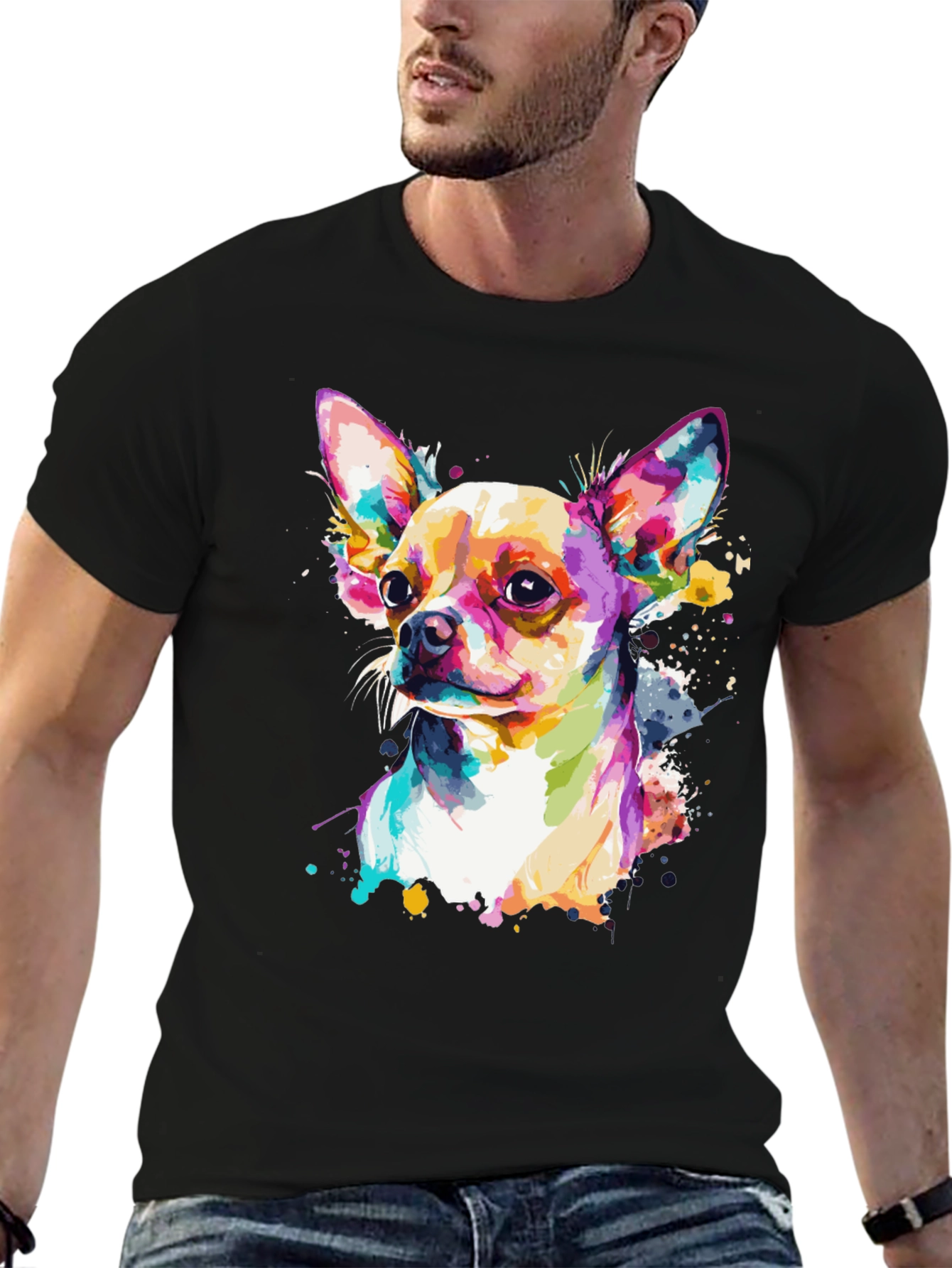 Camiseta Negra con Diseño de Chihuahua Acuarela