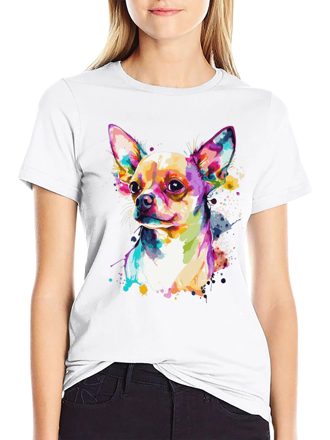 Camiseta Negra con Diseño de Chihuahua Acuarela