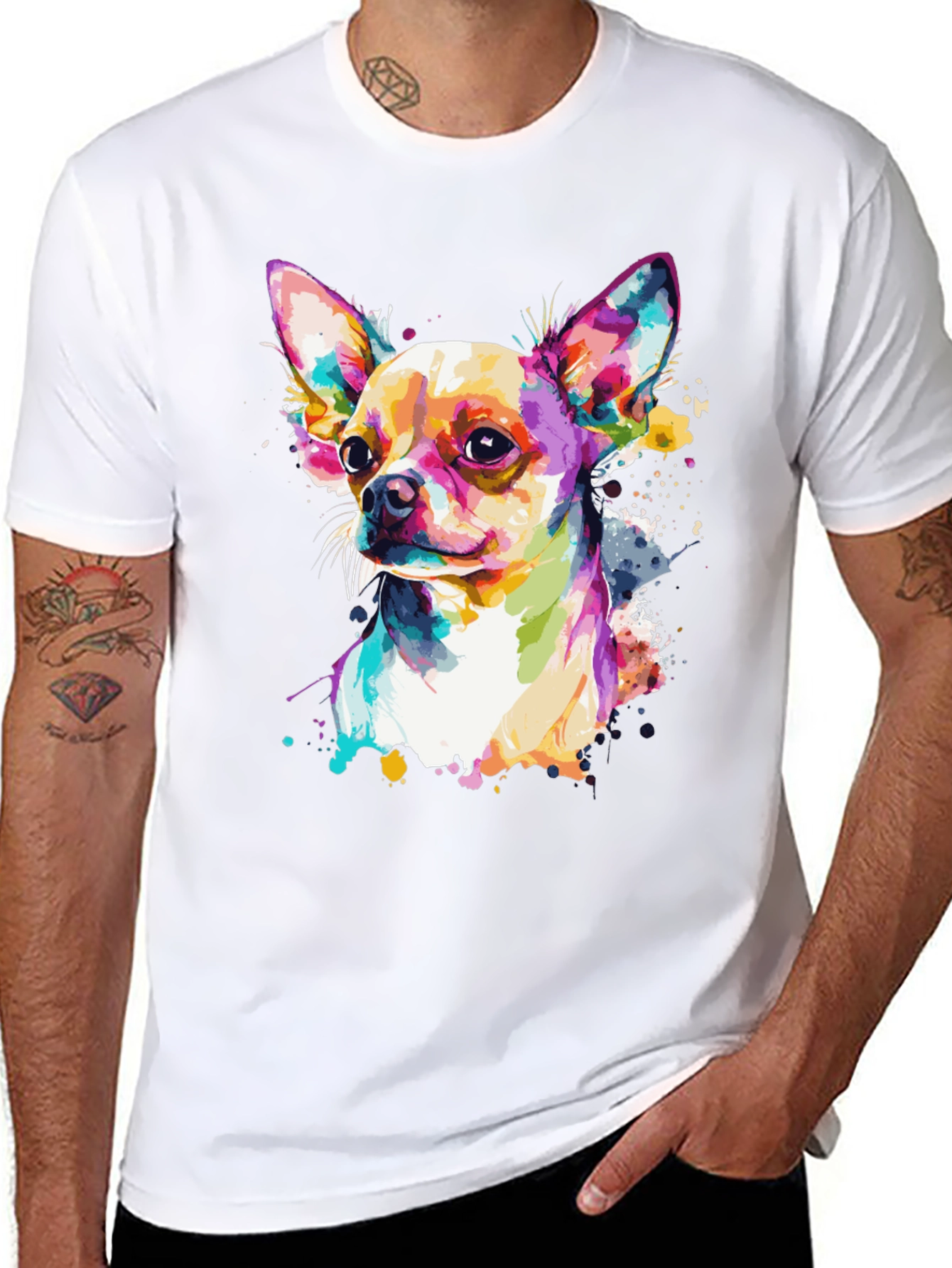 Camiseta Negra con Diseño de Chihuahua Acuarela