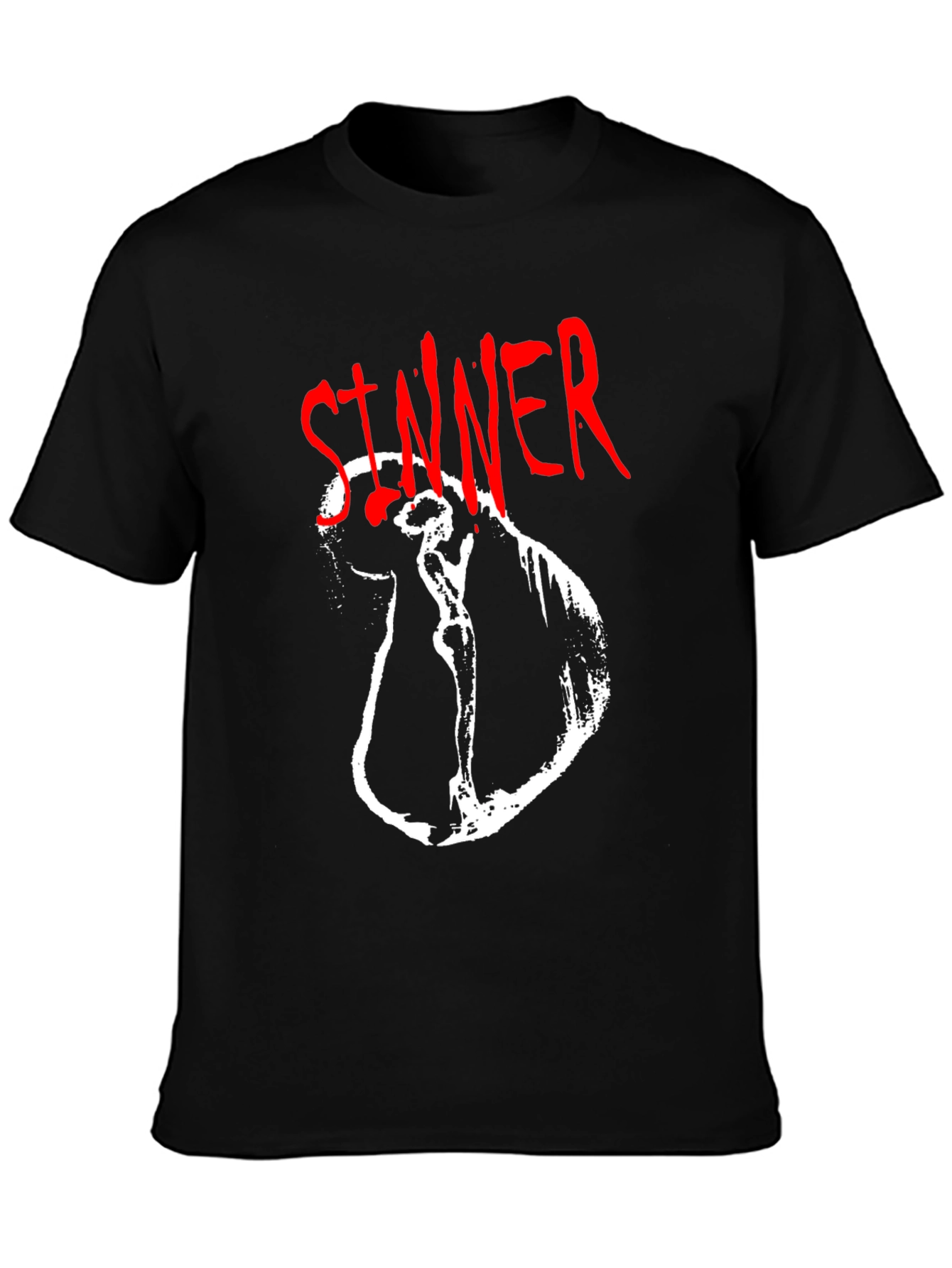 Camiseta Negra Sinner Gráfica Blanca y Roja