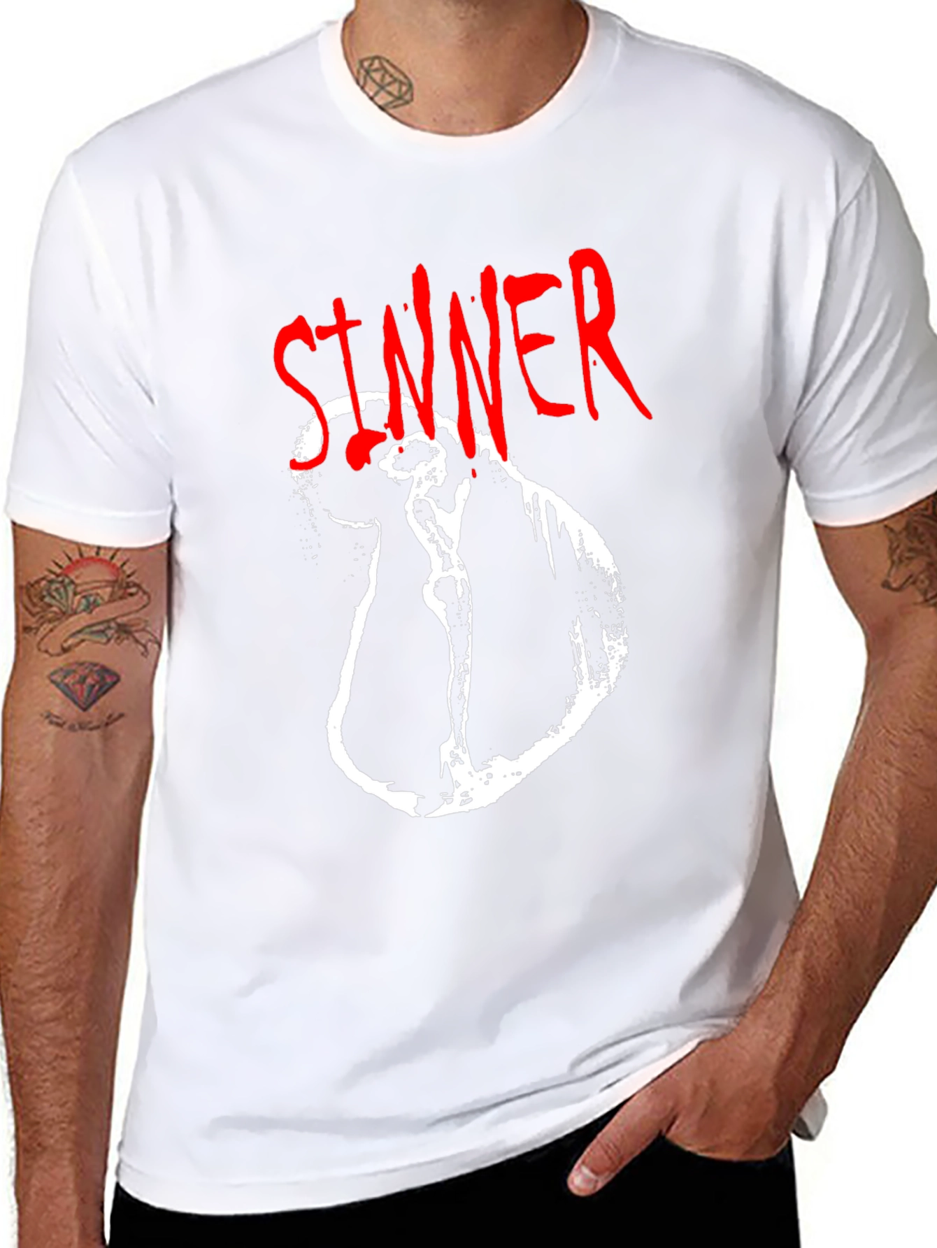 Camiseta Negra Sinner Gráfica Blanca y Roja