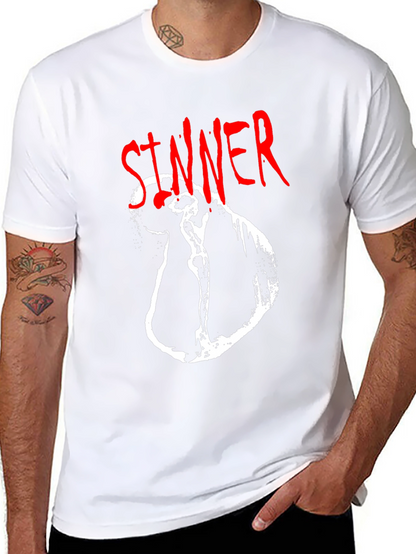 Camiseta Negra Sinner Gráfica Blanca y Roja