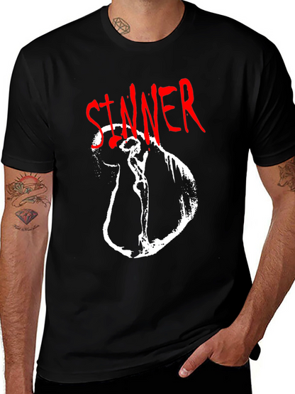Camiseta Negra Sinner Gráfica Blanca y Roja