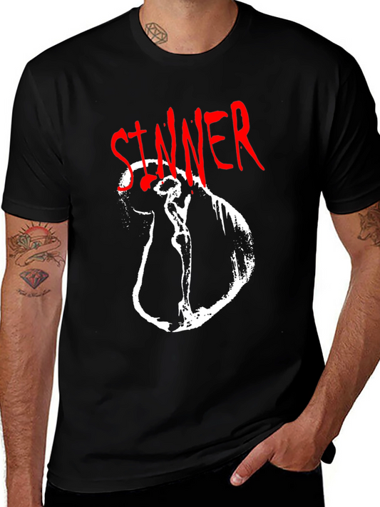 Camiseta Negra Sinner Gráfica Blanca y Roja