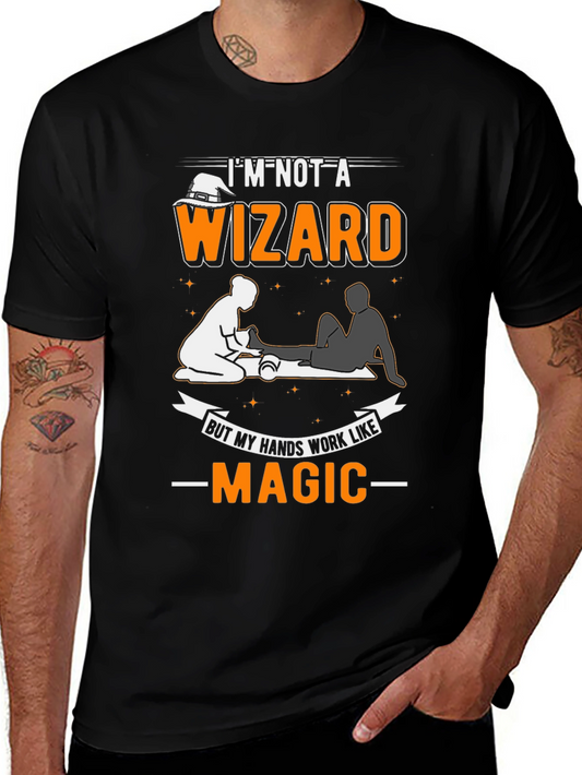 Camiseta Negra: Masaje - No Soy Un Mago Mis Manos Hacen Magia