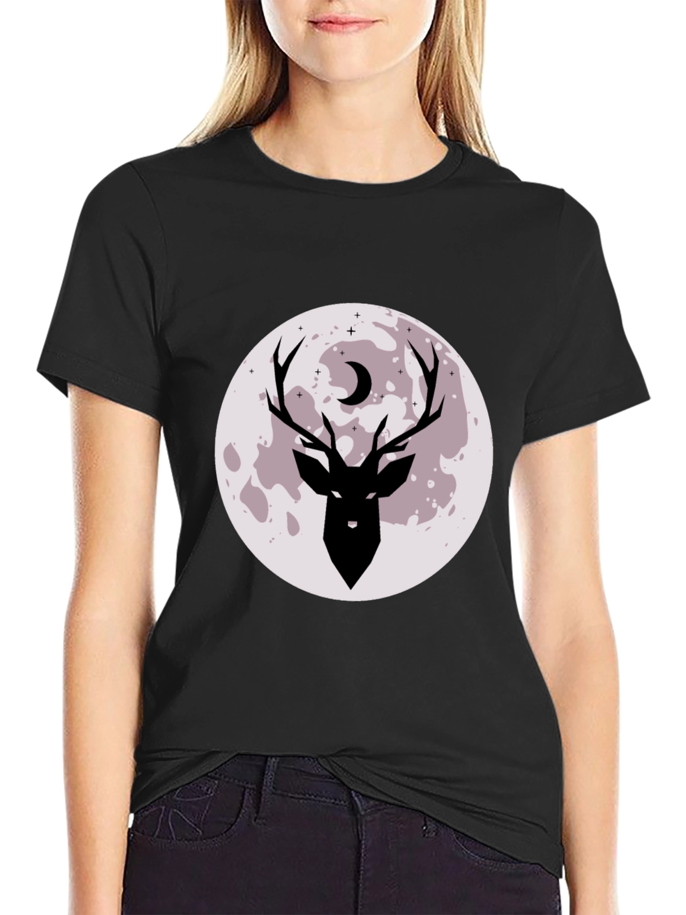 Camiseta Negra Estampada Ciervo y Luna