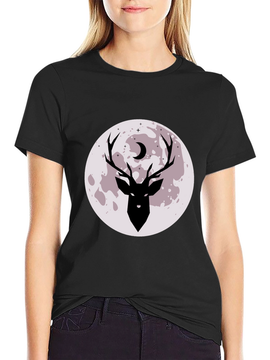 Camiseta Negra Estampada Ciervo y Luna
