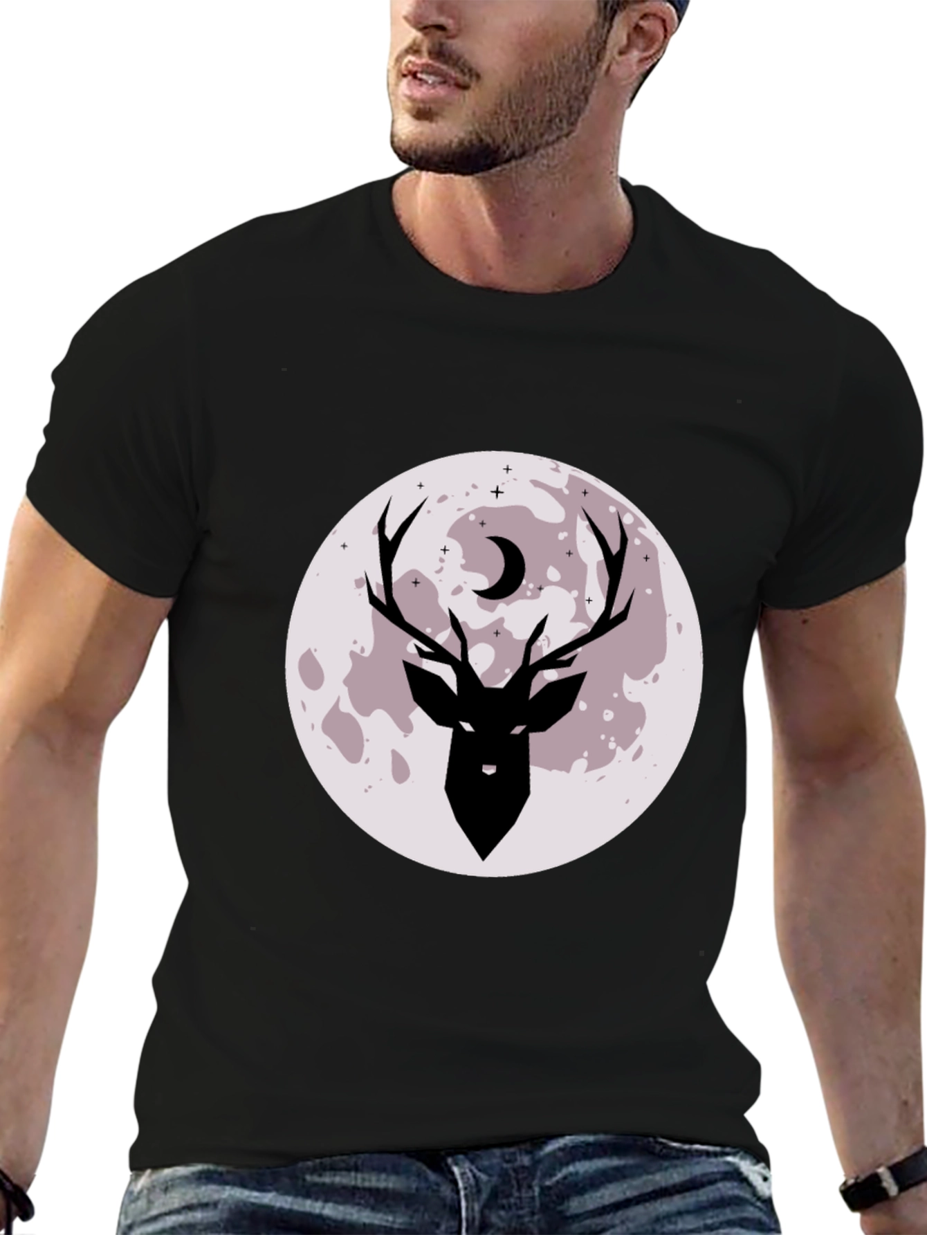 Camiseta Negra Estampada Ciervo y Luna