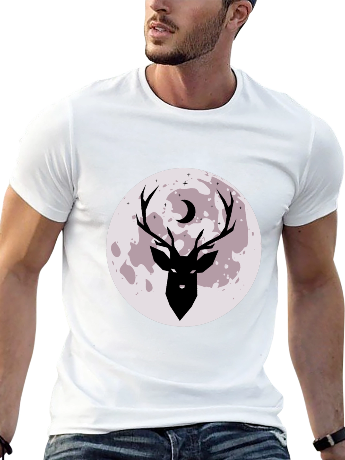 Camiseta Negra Estampada Ciervo y Luna