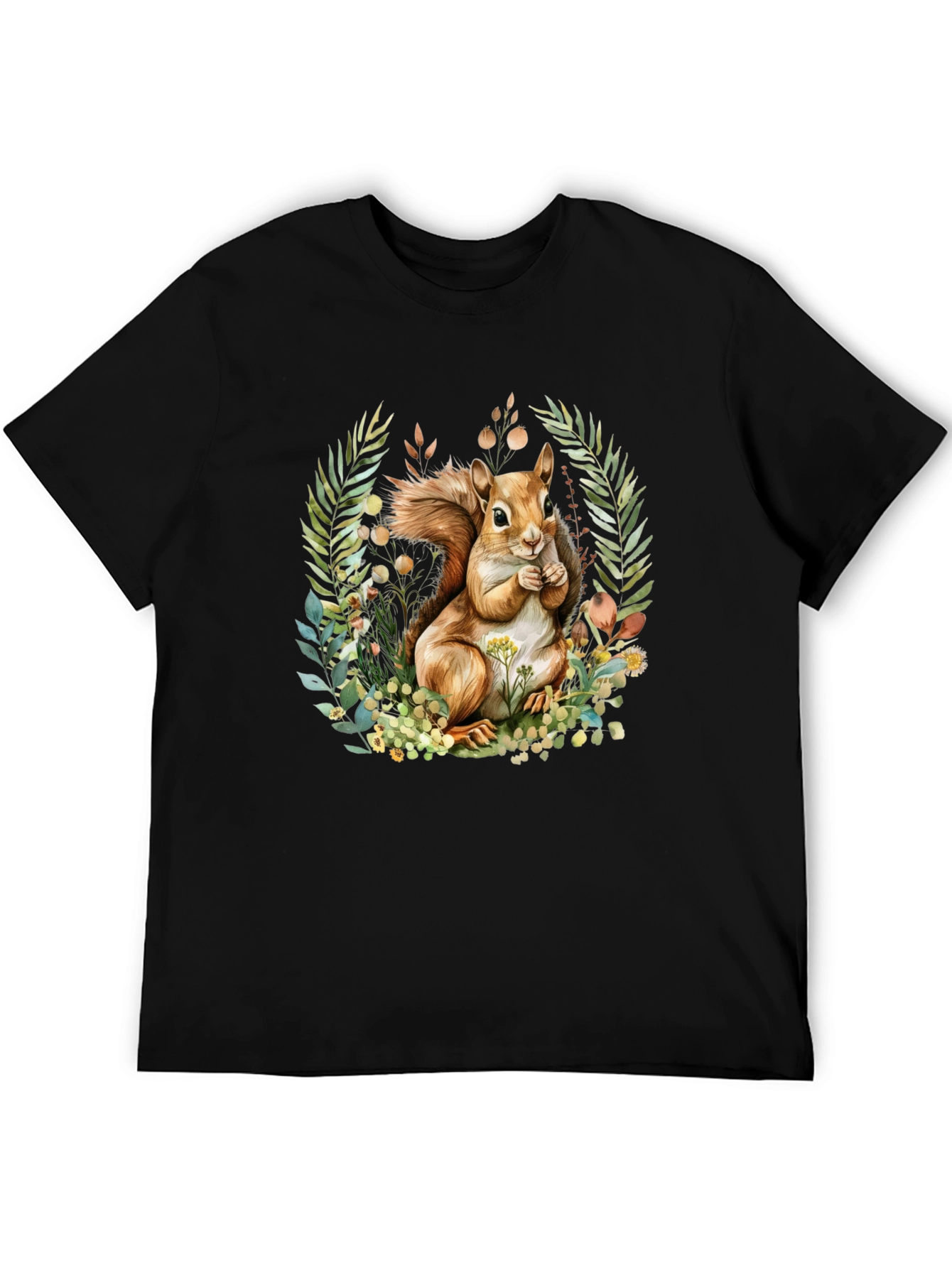 Camiseta Negra con Diseño de Ardilla y Flores