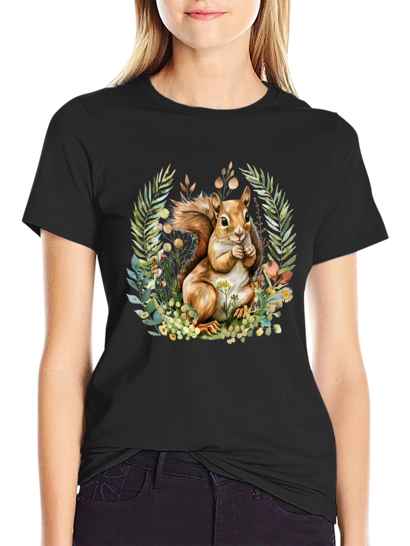 Camiseta Negra con Diseño de Ardilla y Flores