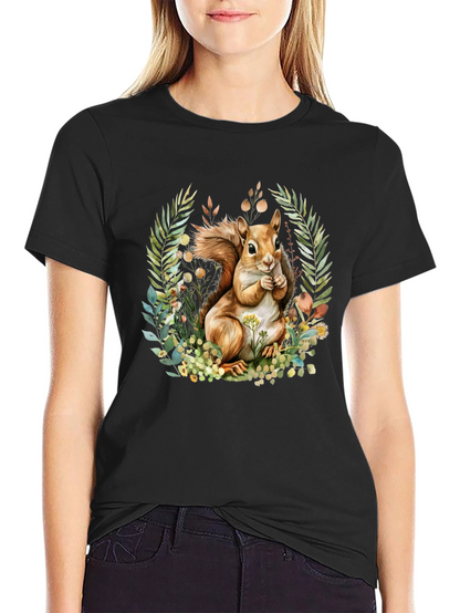 Camiseta Negra con Diseño de Ardilla y Flores