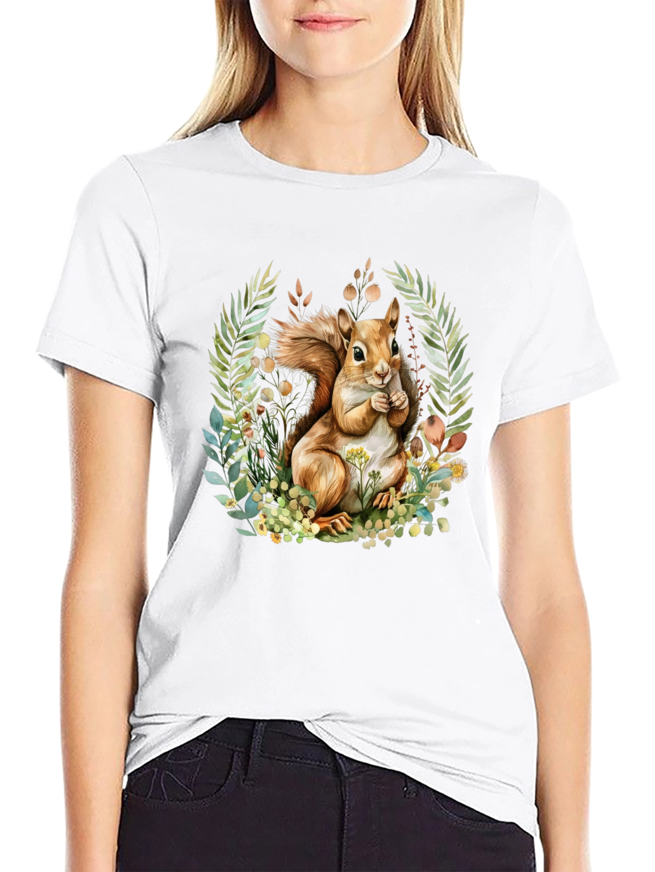 Camiseta Negra con Diseño de Ardilla y Flores