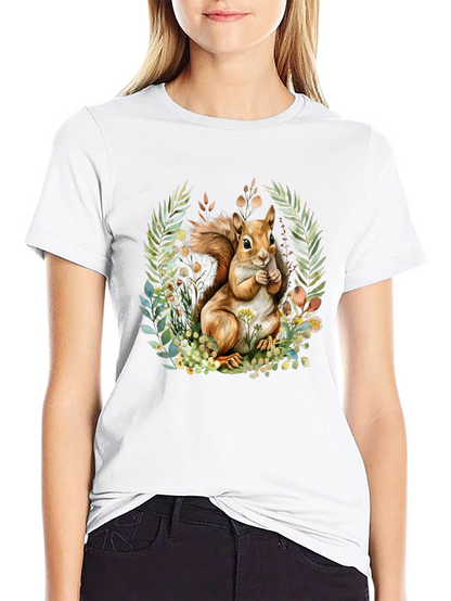 Camiseta Negra con Diseño de Ardilla y Flores