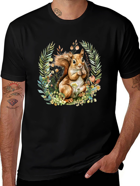 Camiseta Negra con Diseño de Ardilla y Flores