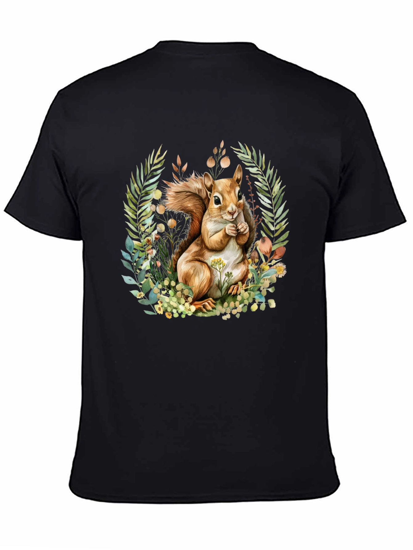 Camiseta Negra con Diseño de Ardilla y Flores