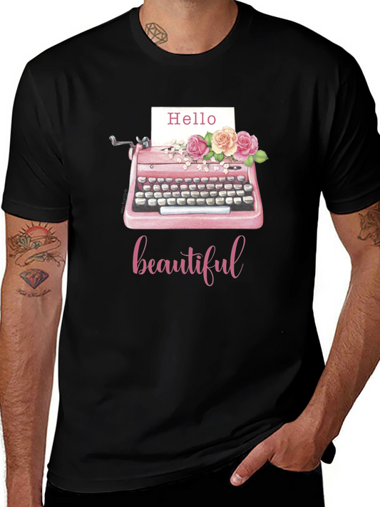 Camiseta Negra con Diseño de Máquina de Escribir Floral