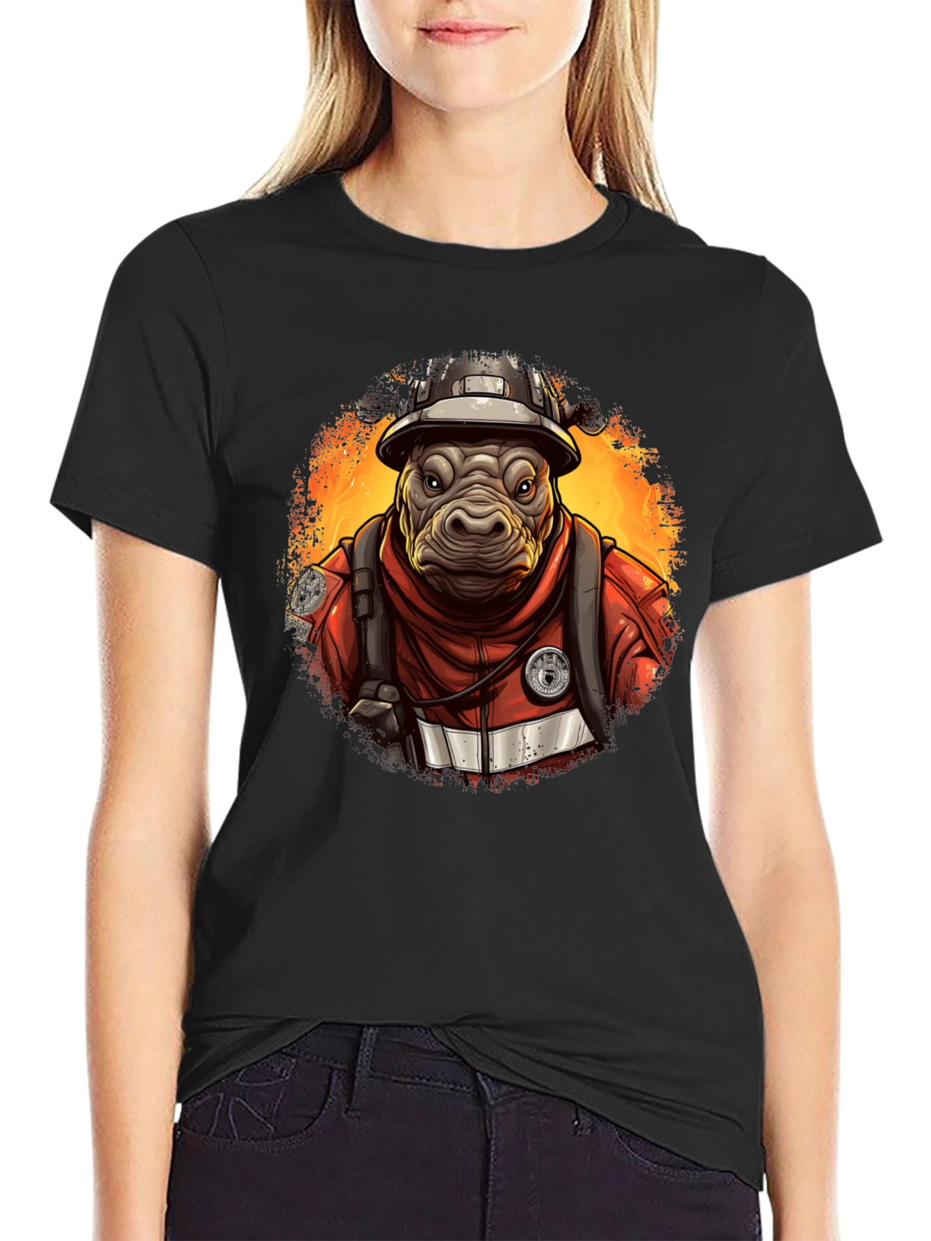 Camiseta Negra Bombero Hipopótamo