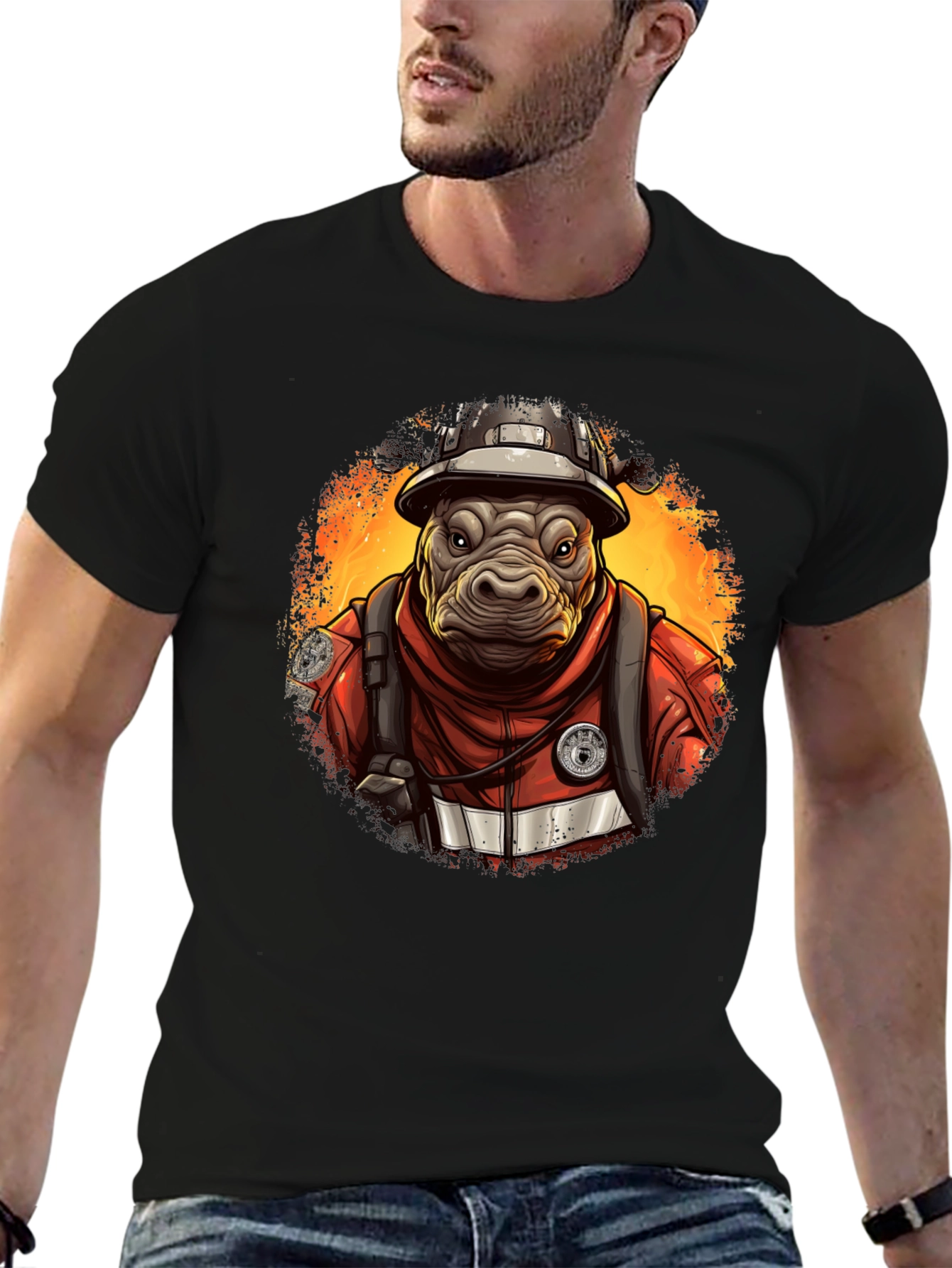 Camiseta Negra Bombero Hipopótamo
