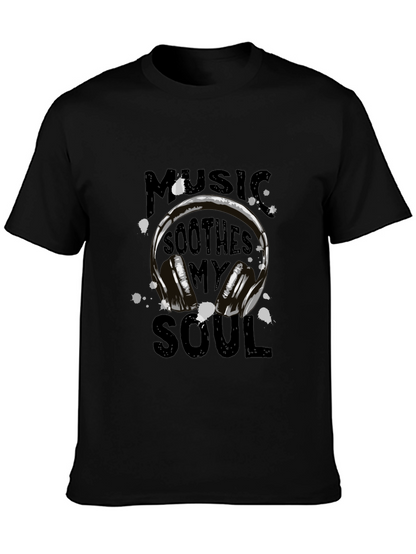 Camiseta Negra con Diseño de Auriculares y Música