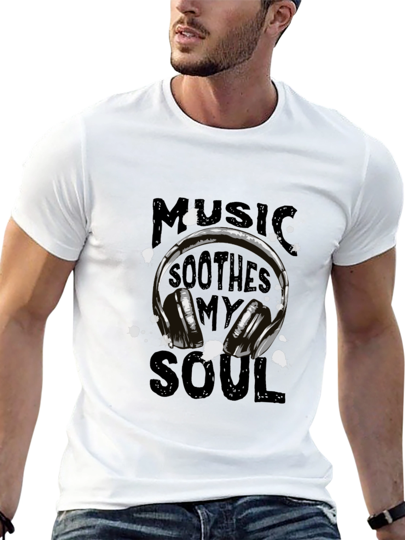 Camiseta Negra con Diseño de Auriculares y Música