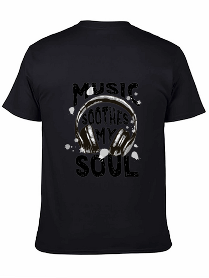 Camiseta Negra con Diseño de Auriculares y Música