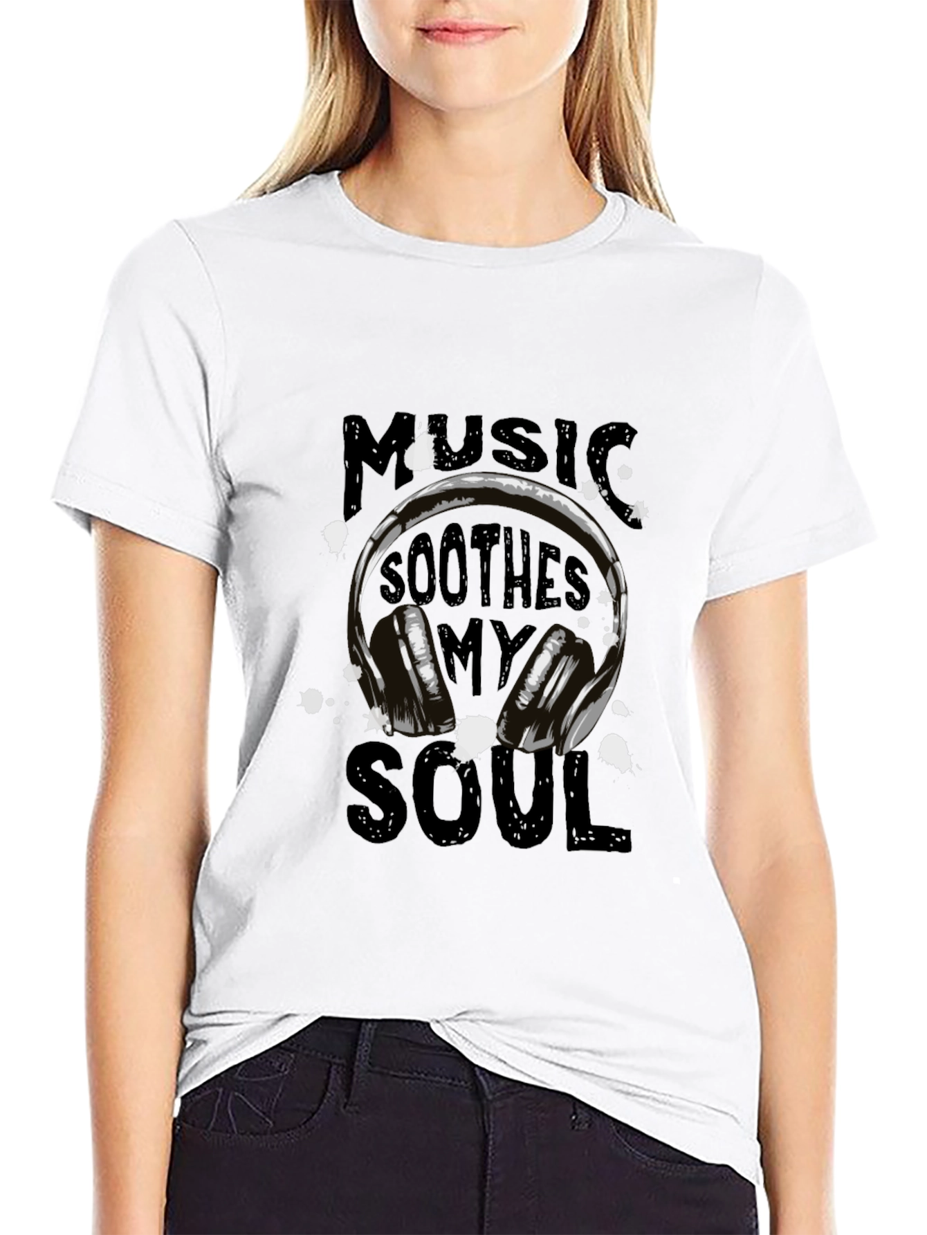 Camiseta Negra con Diseño de Auriculares y Música