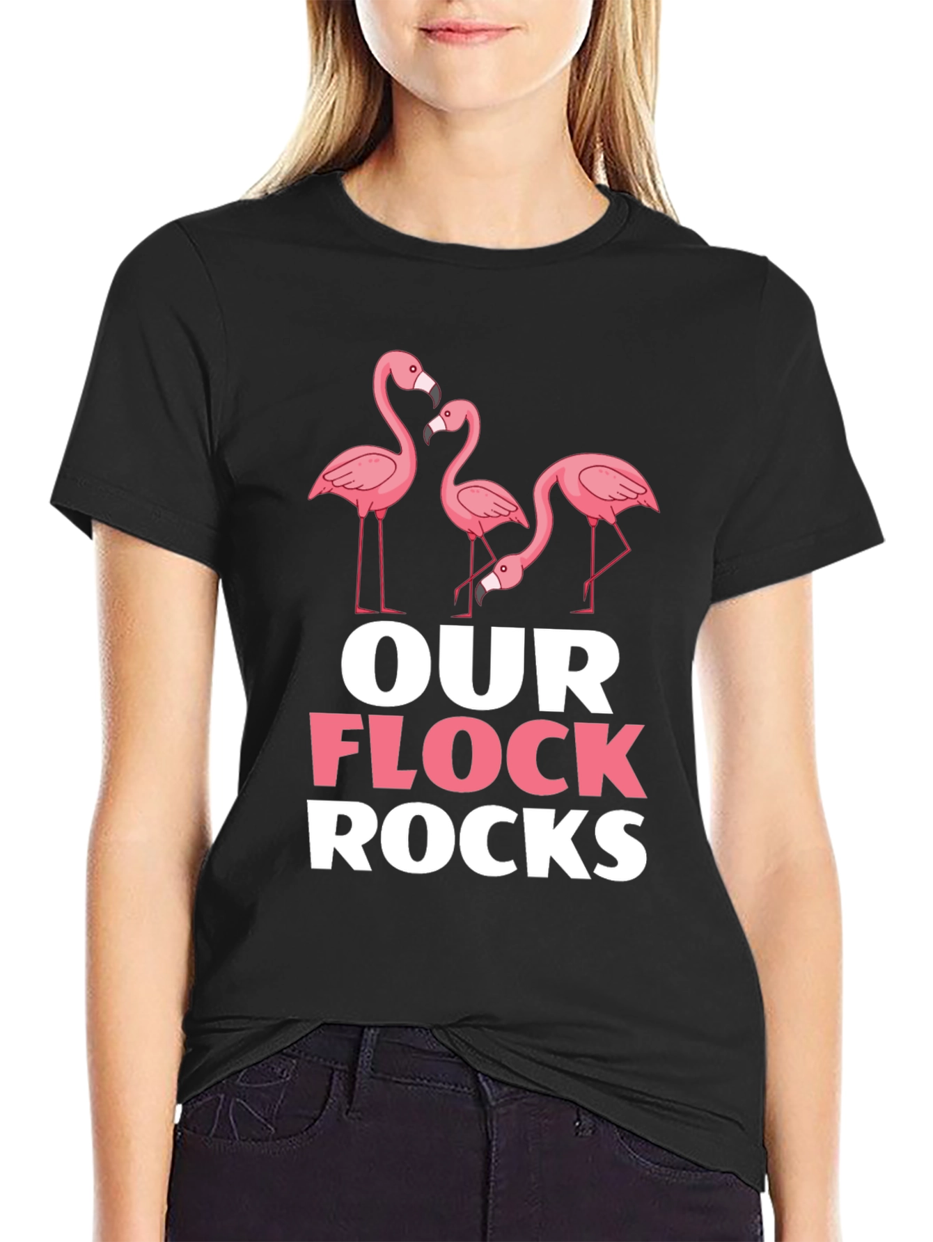 Camiseta Negra con Diseño de Flamencos Our Flock Rocks