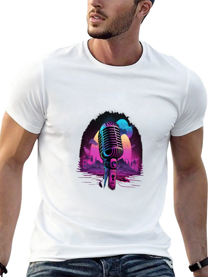 Camiseta Negra con Diseño Retro de Micrófono
