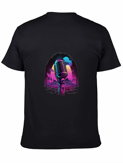 Camiseta Negra con Diseño Retro de Micrófono
