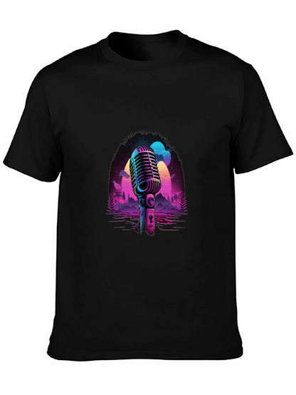 Camiseta Negra con Diseño Retro de Micrófono