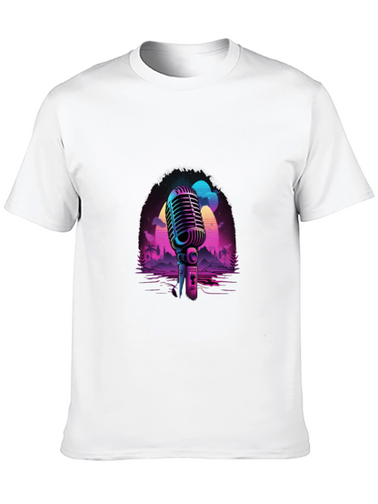 Camiseta Negra con Diseño Retro de Micrófono