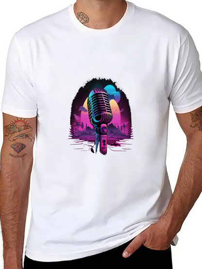 Camiseta Negra con Diseño Retro de Micrófono