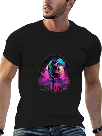 Camiseta Negra con Diseño Retro de Micrófono
