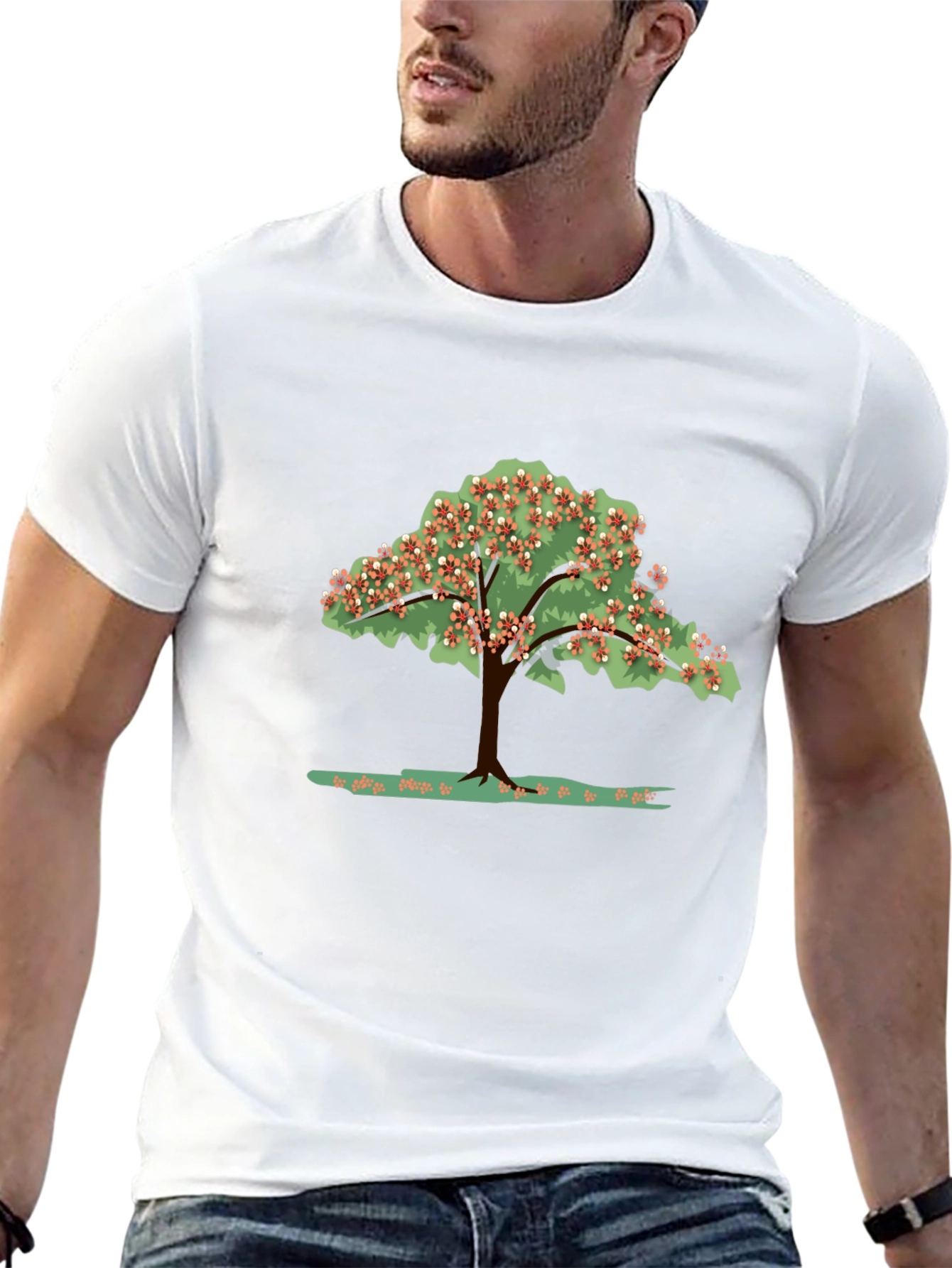 Camiseta Negra con Estampado de Árbol Floreciente