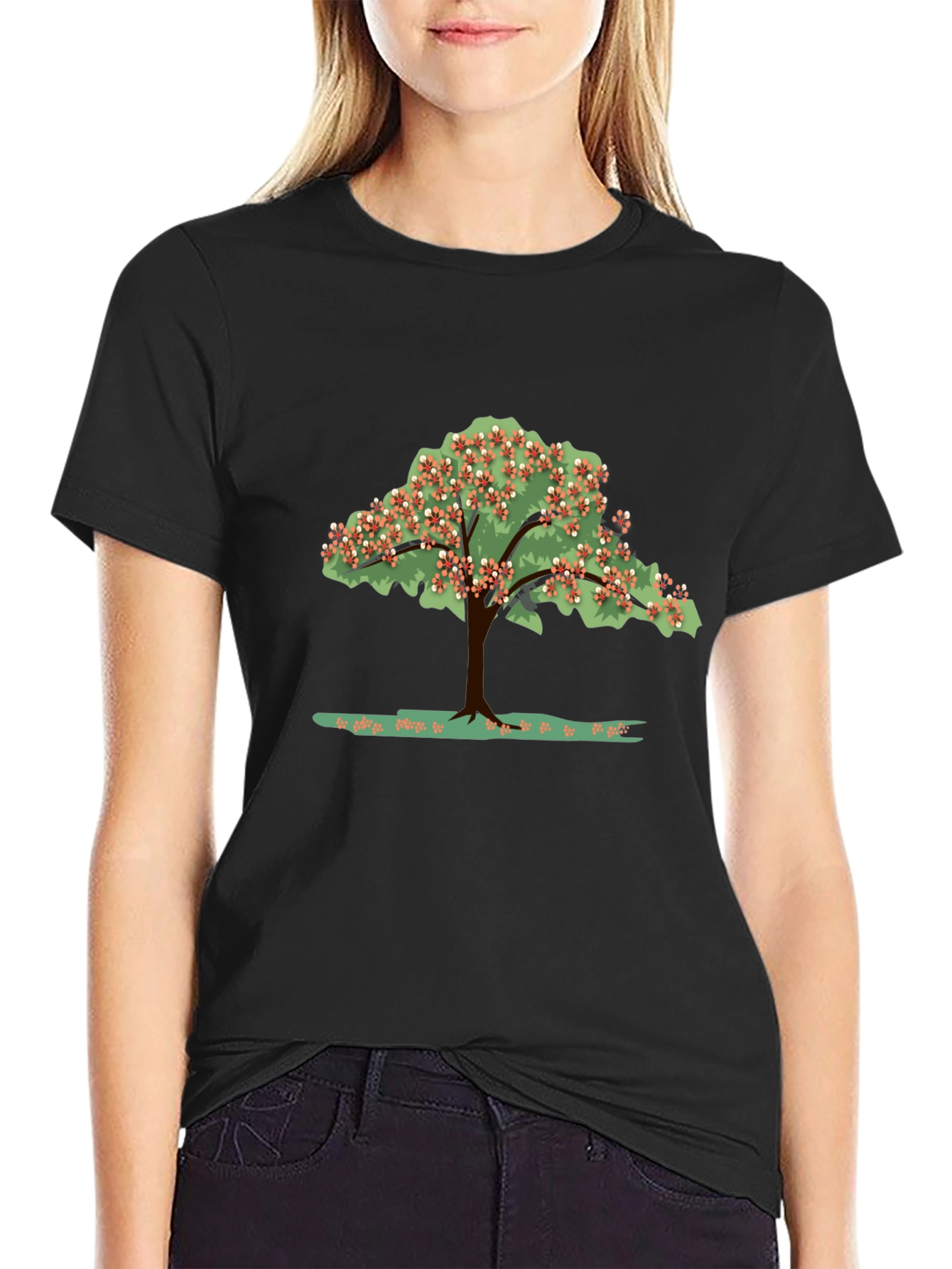 Camiseta Negra con Estampado de Árbol Floreciente