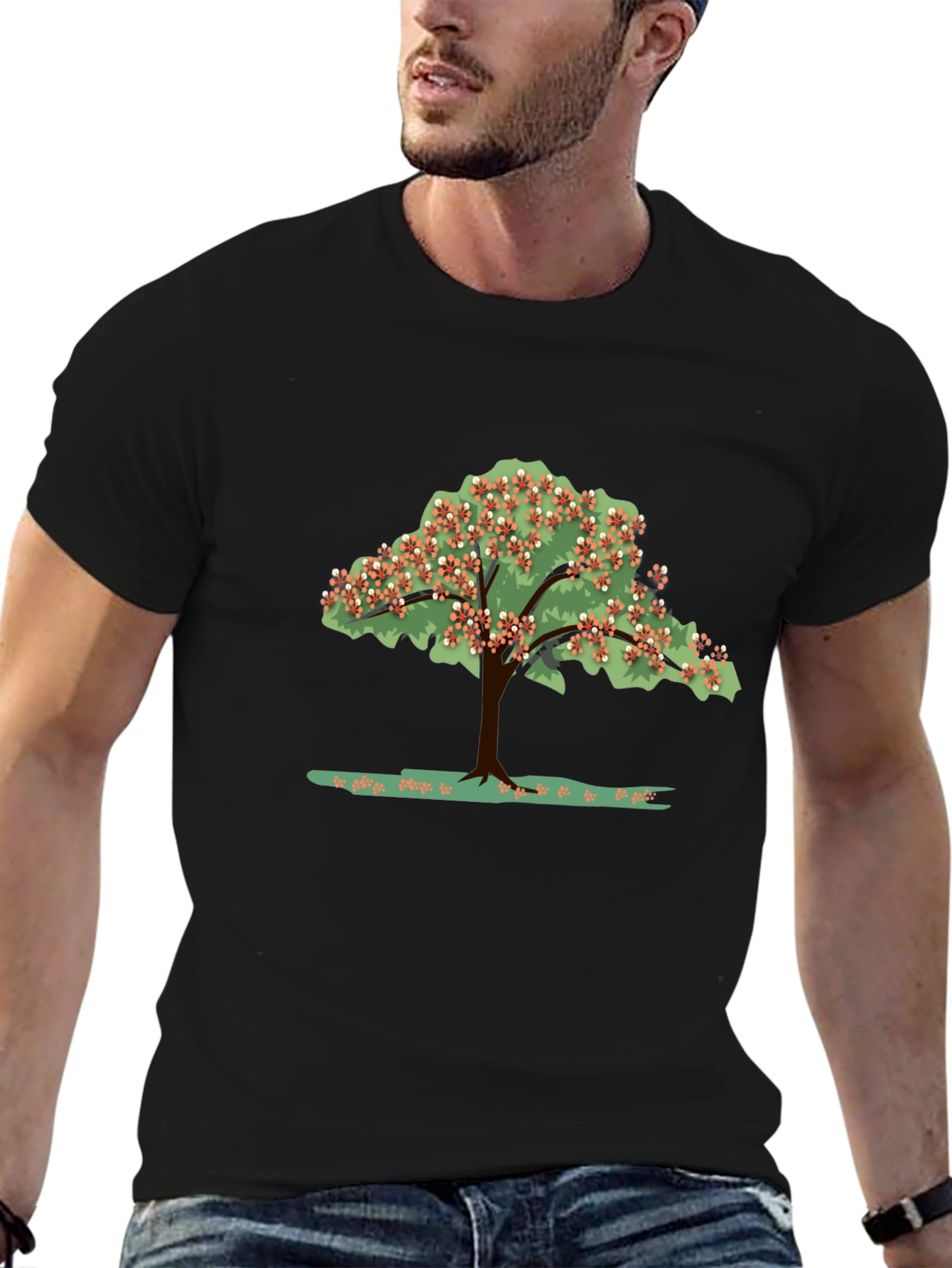 Camiseta Negra con Estampado de Árbol Floreciente