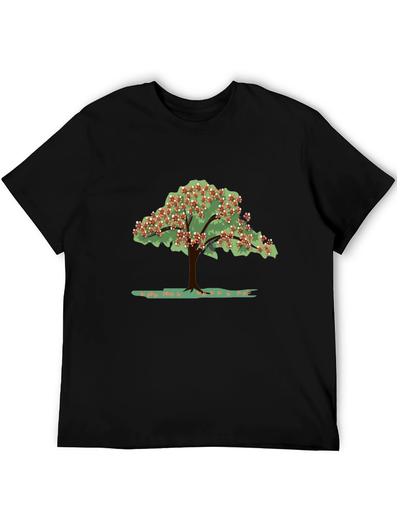 Camiseta Negra con Estampado de Árbol Floreciente