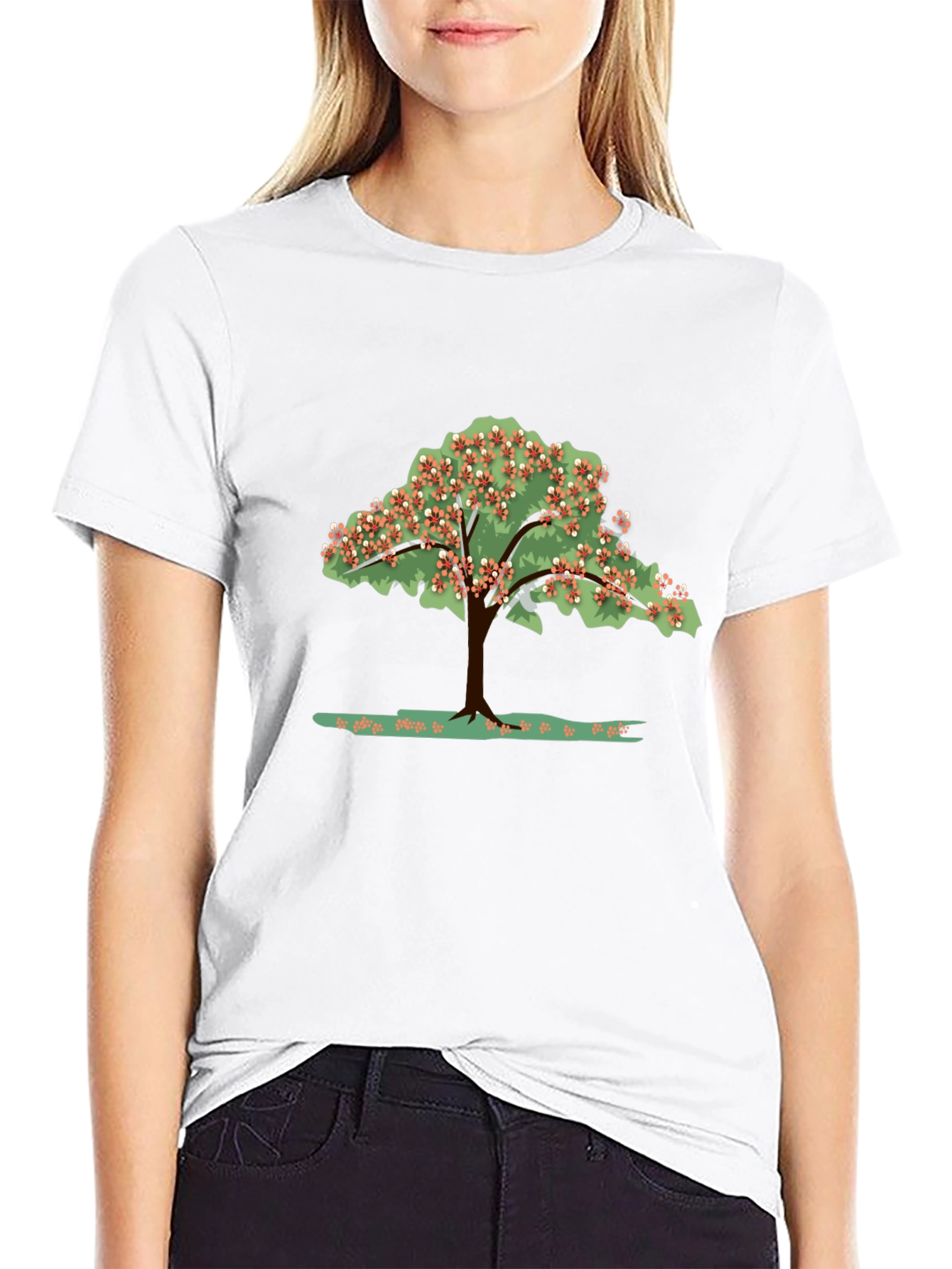 Camiseta Negra con Estampado de Árbol Floreciente