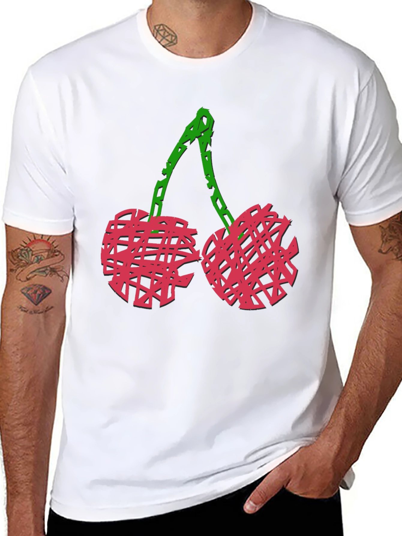 Camiseta Negra con Diseño de Cerezas Abstractas