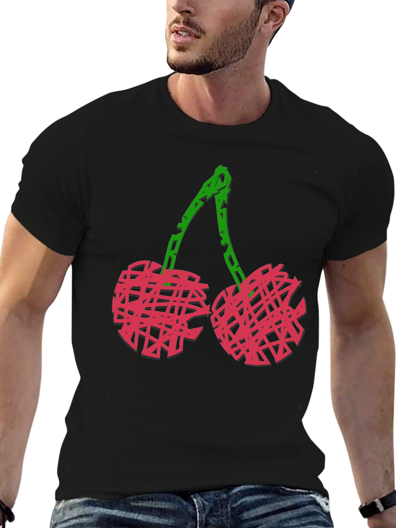 Camiseta Negra con Diseño de Cerezas Abstractas