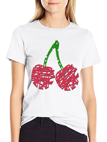 Camiseta Negra con Diseño de Cerezas Abstractas