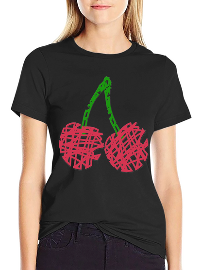 Camiseta Negra con Diseño de Cerezas Abstractas