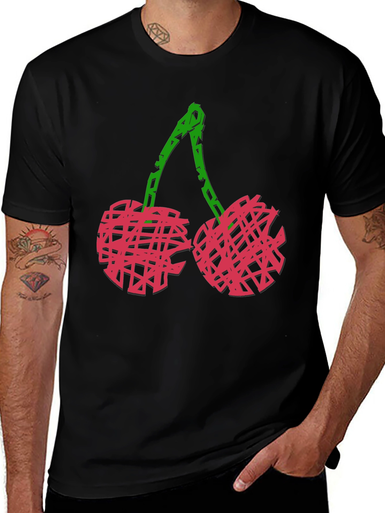 Camiseta Negra con Diseño de Cerezas Abstractas