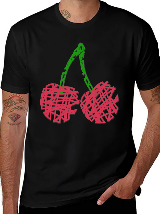 Camiseta Negra con Diseño de Cerezas Abstractas